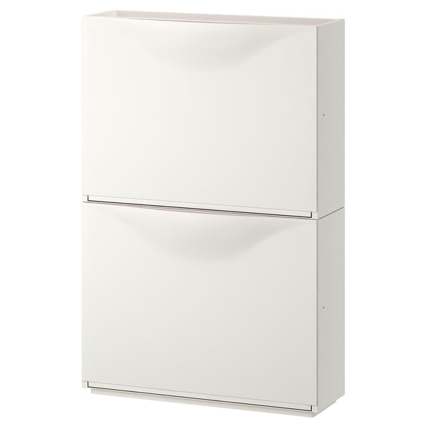 A white ikea TRONES cabinet with a simple, rectangular design. Its made of polypropylene plastic and two flat doors.