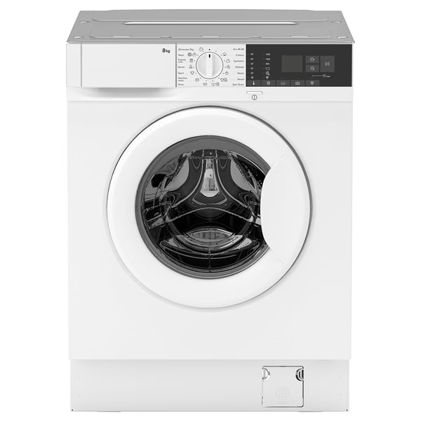 White front-loading washing machine with digital controls and steam function.