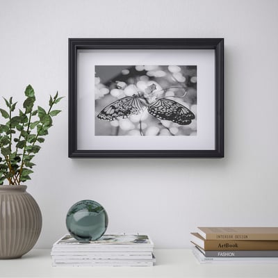 Framed black-and-white butterfly art displayed on a wall above a table holding plants, books, and a sphere.
