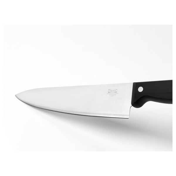 Knife with stainless blade, black handle, and metallic logo. Ideal for slicing and dicing.