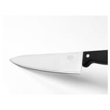 Knife with stainless blade, black handle, and metallic logo. Ideal for slicing and dicing.