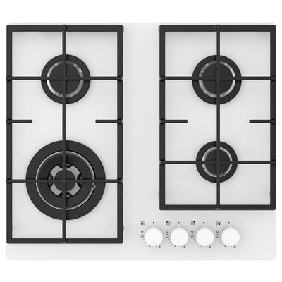 Gas hob double burner stove in white, glass surface, cast iron supports, front control knobs.