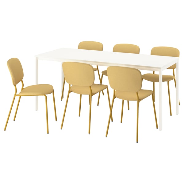 VIHALS / VIHALS Table and 6 chairs, white white/green Tibbleby yellow, 180x74 cm