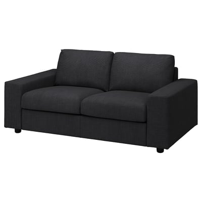 Black VIMLE sofa, modern minimalist design with soft cushions, sturdy frame.