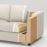 A beige sofa layer breakdown: foam core, particle board, solid & fiber wood base.