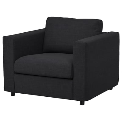 VIMLE armchair: sleek black, square, modern design, comfortable upholstered fabric.