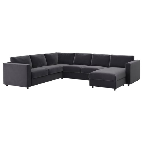 Dark grey l-shaped VIMLE sectional sofa, modern design, plush velvet fabric.