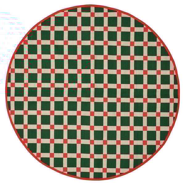 Round checkered rug, red & green with white, jute & cotton.
