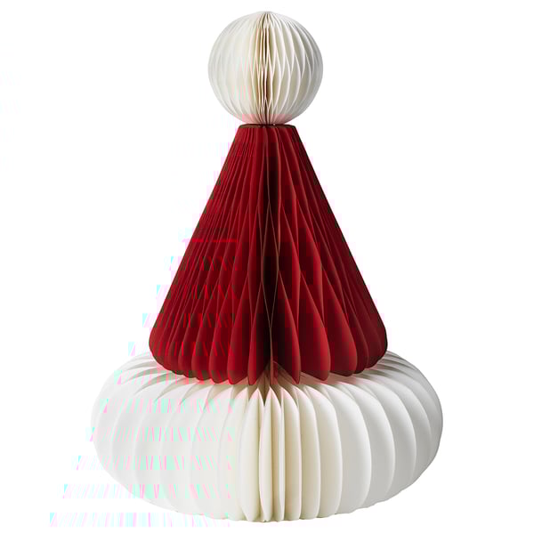 Red and white paper santa hat decoration, conical shape with accordion folds, festive holiday design.