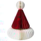 Red and white paper santa hat decoration, conical shape with accordion folds, festive holiday design.