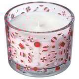 VINTERFINT red and white candle. Glass, cylindrical shape, holiday candy design.