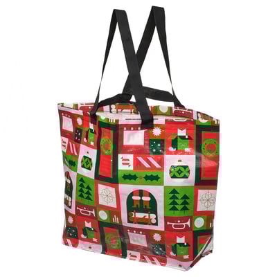 Holiday-themed tote bag, red-green-white, square pattern, sturdy handles.