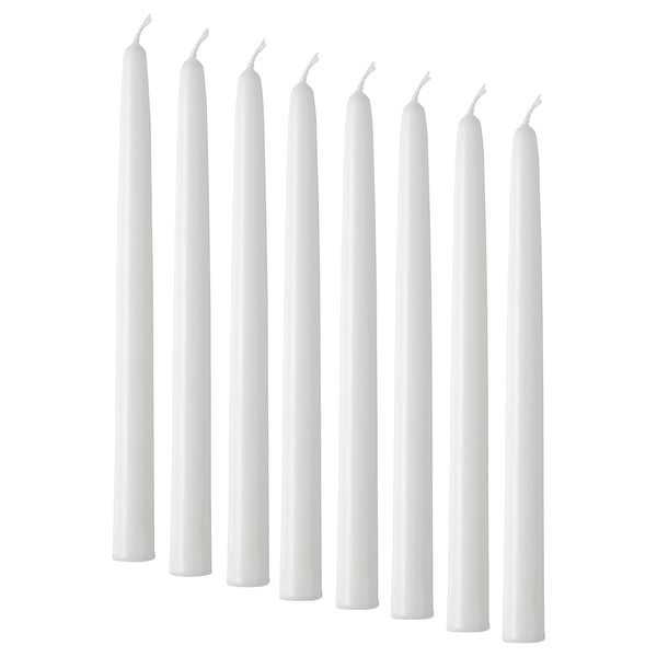 Eight white candles, uniform and upright, made of stearin, ideal for decoration or special occasions.