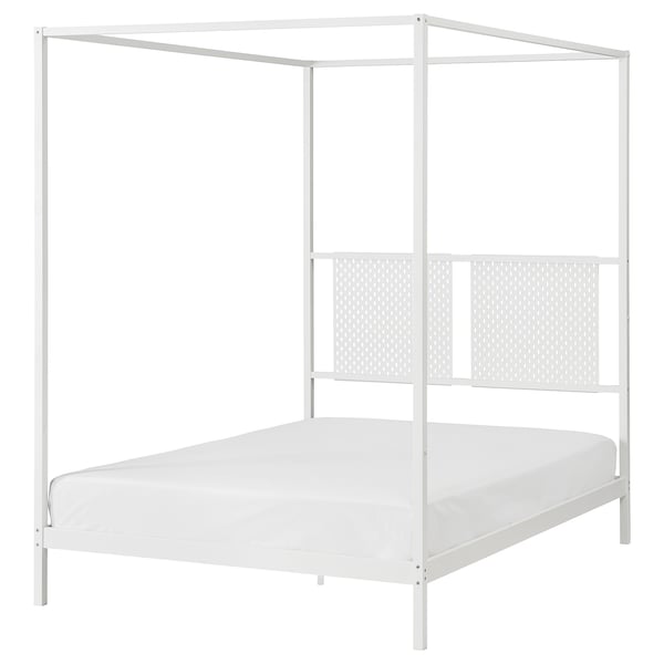 The VITARNA white four-poster bed frame a metal structure with a clean design and pegboards for added function.