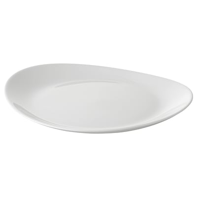 The VITBLECKA plate is white, round, and smooth. Made of tempered glass, its durable and elegant.