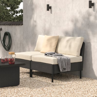 VITTSKÄR 2-seat modular sofa, outdoor plastic rattan dark grey/Frösön/Duvholmen beige