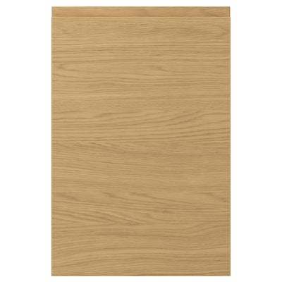 VOXTORP oak finish door: sleek, flat design, warm tones, oak texture, particleboard core, plastic edging, easy-clean foil surface.