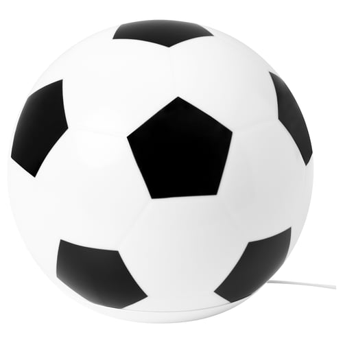 Lâmpada em forma de bola de futebol com pentágonos pretos e hexágonos brancos, feita de plástico abs, acende.