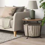 ÄNGESBYN: mesa de apoio rústica com tampo em madeira, base metálica e saco de arrumação.