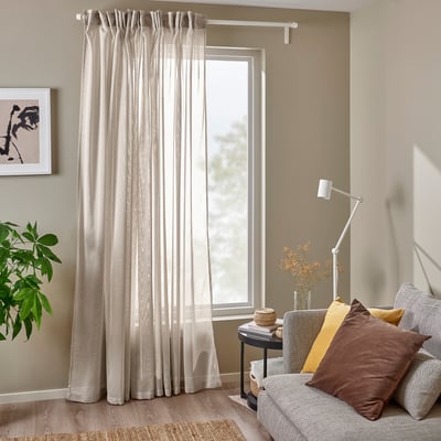 ÄNGSFRYLE Cortinado transparente, 1 peça, bege/c/fita p/franzir, 300x300 cm