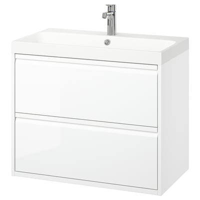Um lavatório de casa de banho moderno branco ÄNGSJÖN com duas gavetas e um lavatório elegante.