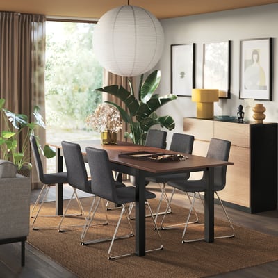 ÅLHULT / LILLÅNÄS Mesa e 6 cadeiras, preto/castanho/Gunnared cinzento escuro cromado, 170/220x80 cm