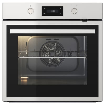 Moderno forno autolimpante prateado com display digital, cabo de aço inoxidável e racks telescópicos.