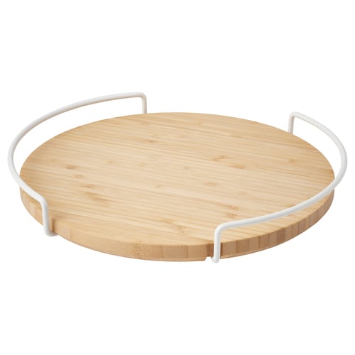 Susan preguiçoso de bambu com moldura branca, bordas elevadas, para organização da cozinha.