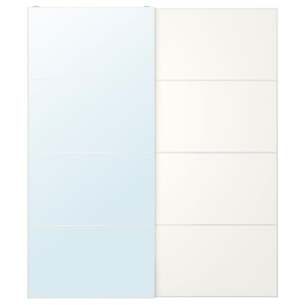 Design da porta de correr: uma espelhada, outra com painéis de dupla face em branco e azul claro. Quadros de alumínio.