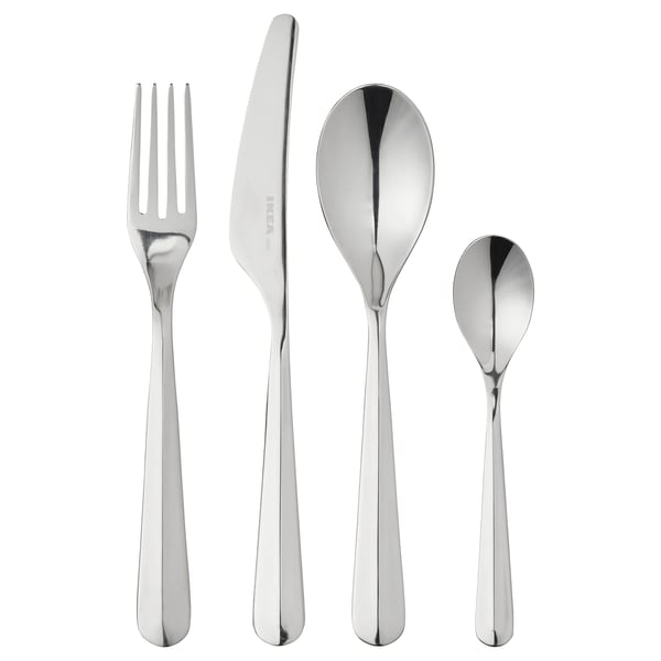 Conjunto de talheres BÄCKÖRING de quatro peças, aço inoxidável prateado, incluindo garfo, faca, colher de sopa e colher de chá, com cabos elegantes.