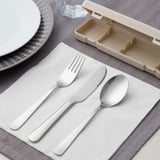 Talheres bege, aço inoxidável, caixa de viagem.