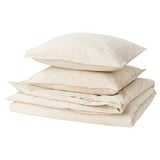 Conjunto de roupa de cama BERGPALM em tecido de algodão macio com listras bege, dobrado ordenadamente para exibição, com design clássico e vintage.