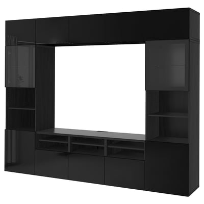 Módulo de arrumação de tv BESTÅ preto com prateleiras e armários para organizar tecnologia e acessórios. Design moderno e retangular.