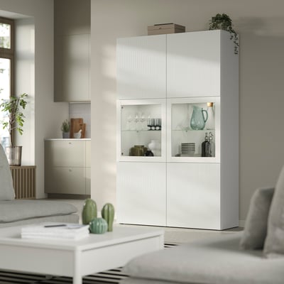 BESTÅ Combinação arrumação c/portas vidro, branco/Förvaltare branco, 120x42x193 cm