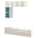 Móvel de TV Ikea BESTÅ: cubos modernos, brancos, montados na parede com arrumação aberta e fechada, design elegante.