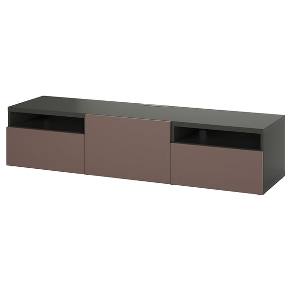 Esta imagem mostra um móvel de tv IKEA BESTÅ em cinzento escuro com gavetas castanhas, com um design moderno com arrumação e arrumação de cabos.