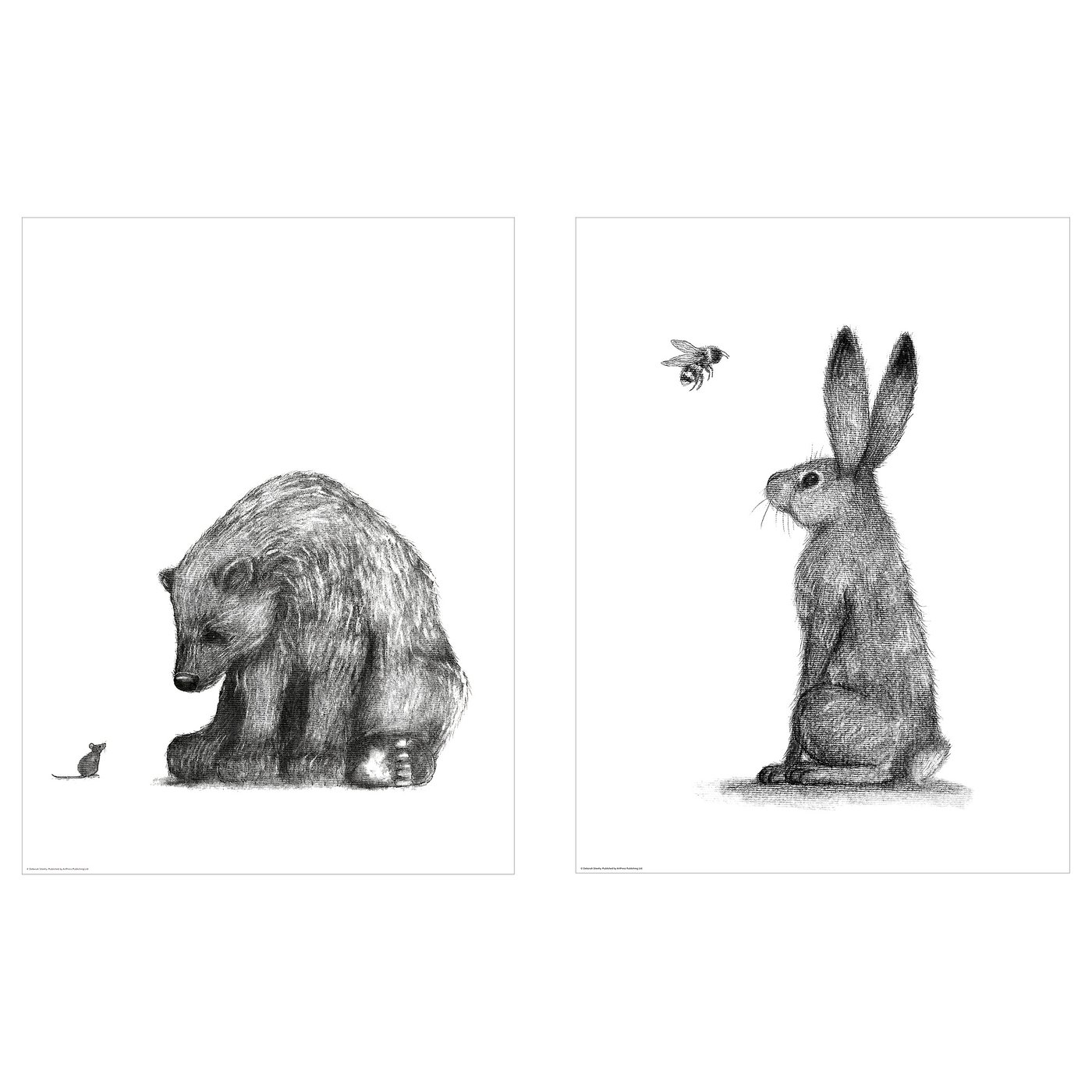 Dois esboços a preto e branco: um urso e um pequeno rato, e um coelho com uma abelha voadora.