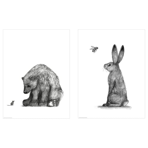 Dois esboços a preto e branco: um urso e um pequeno rato, e um coelho com uma abelha voadora.