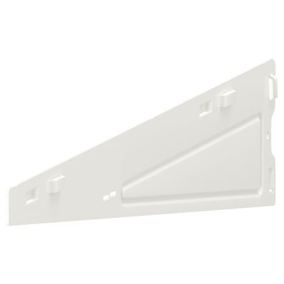 Um suporte de arrumação BOAXEL branco. É triangular, feito de aço revestido e projetado para fácil instalação com opções de armazenamento versáteis.