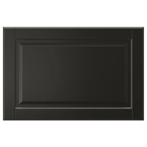 Uma frente de gaveta BODBYN retangular preta com um design de painel liso e biselado feito de MDF e tinta de poliuretano.