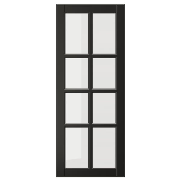 Porta de vidro de fibra BODBYN preta com caixilhos chanfrados e painéis de vidro temperado, design elegante e sofisticado.