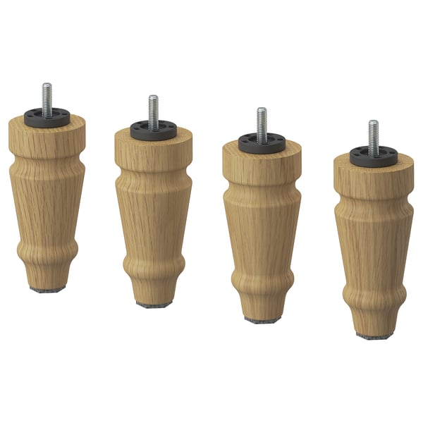 Quatro pernas de móveis de madeira com inserções de metal, cor marrom claro, design cônico.