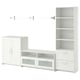 Conjunto de móveis BRIMNES brancos: móvel de tv, armários e estante com design moderno.