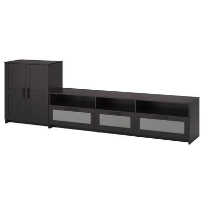 Suporte de tv preto + combinação de armário de armazenamento, design elegante, amplo espaço, portas de vidro.