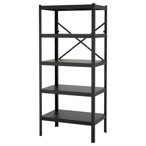 Uma estante BROR em metal preto com quatro prateleiras, resistente e durável para artigos pesados.