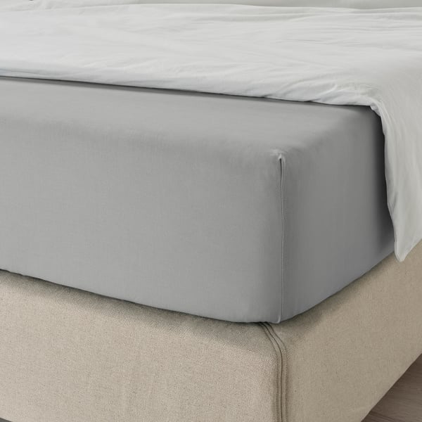 Lençol de algodão cinzento, rebordos elásticos, para colchões até 26 cm.