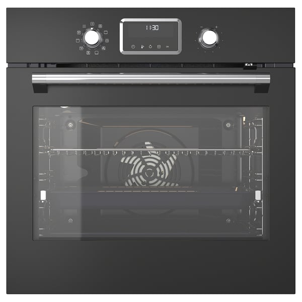 Forno moderno preto com display digital, controles de toque e porta de vidro.