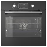 Forno moderno preto com display digital, controles de toque e porta de vidro.