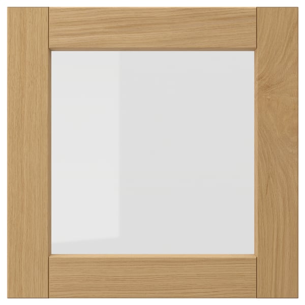 Moldura quadrada de madeira em carvalho quente com centro de vidro transparente, design clássico.