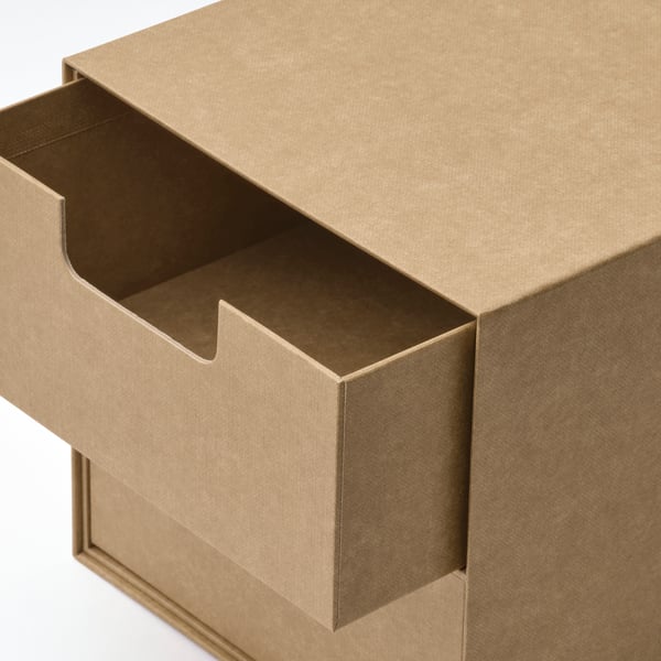 Caixa de papelão, aberta, mostrando compartimento interno, material reciclado de alta qualidade, design elegante.